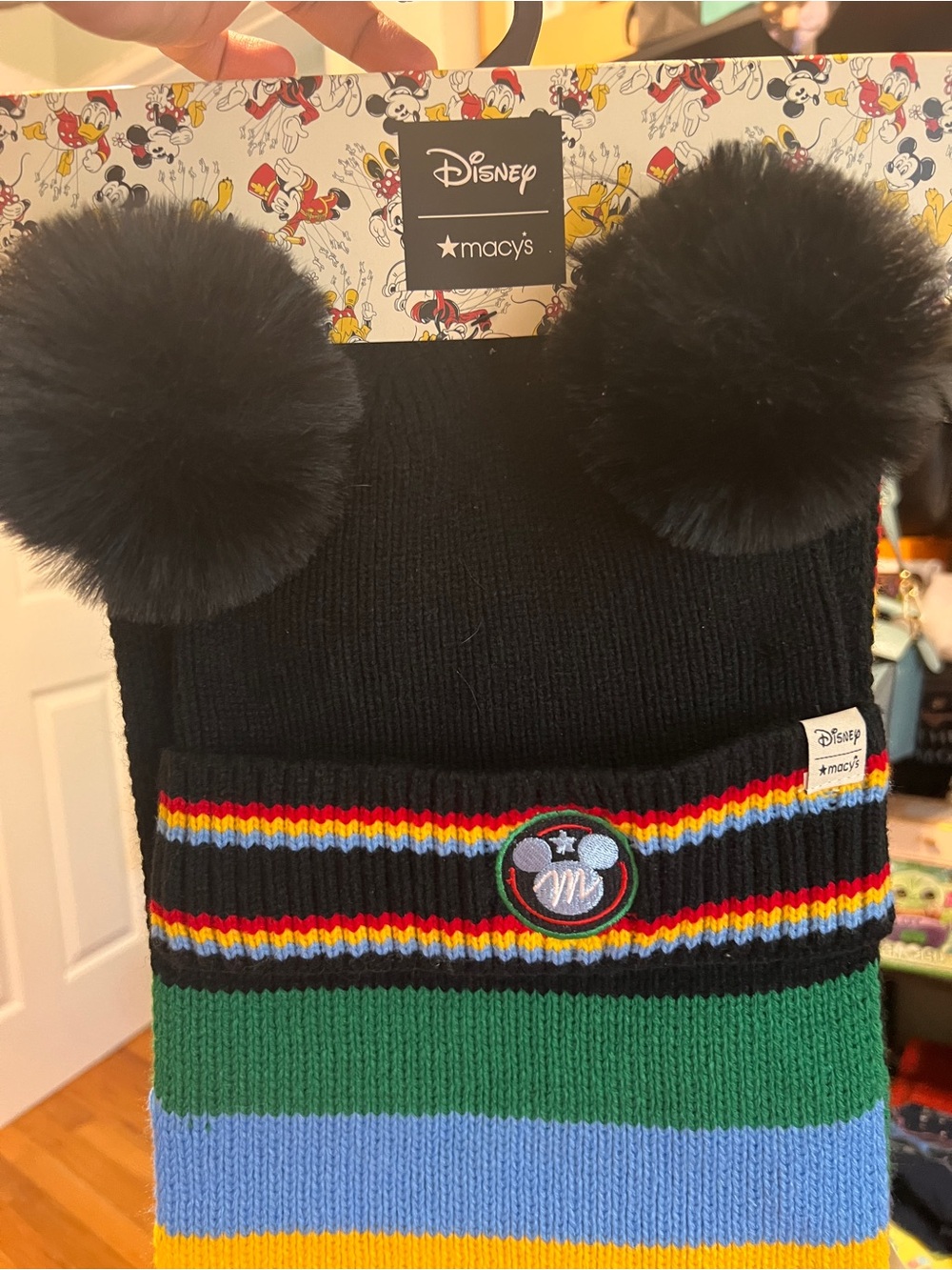 Disney x Macys Black Beanie w/ Pom Poms and striped scarf- 2 piece Set